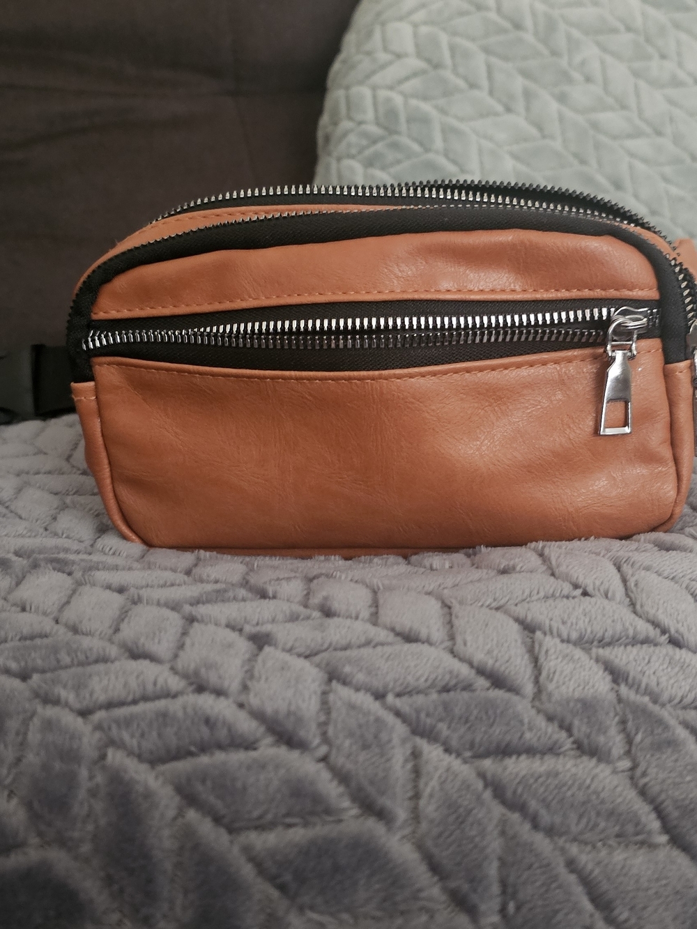 Unisex Tan Leather Waist Bag with Front Zip Pocket
